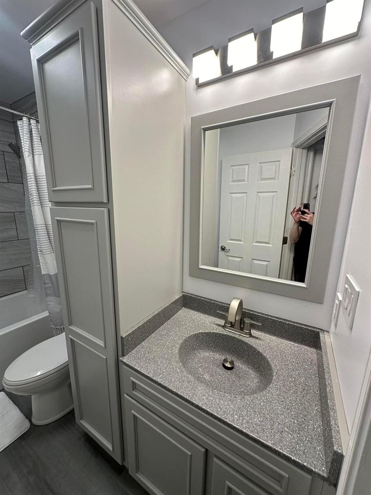 New vanity, counter and framed mirror