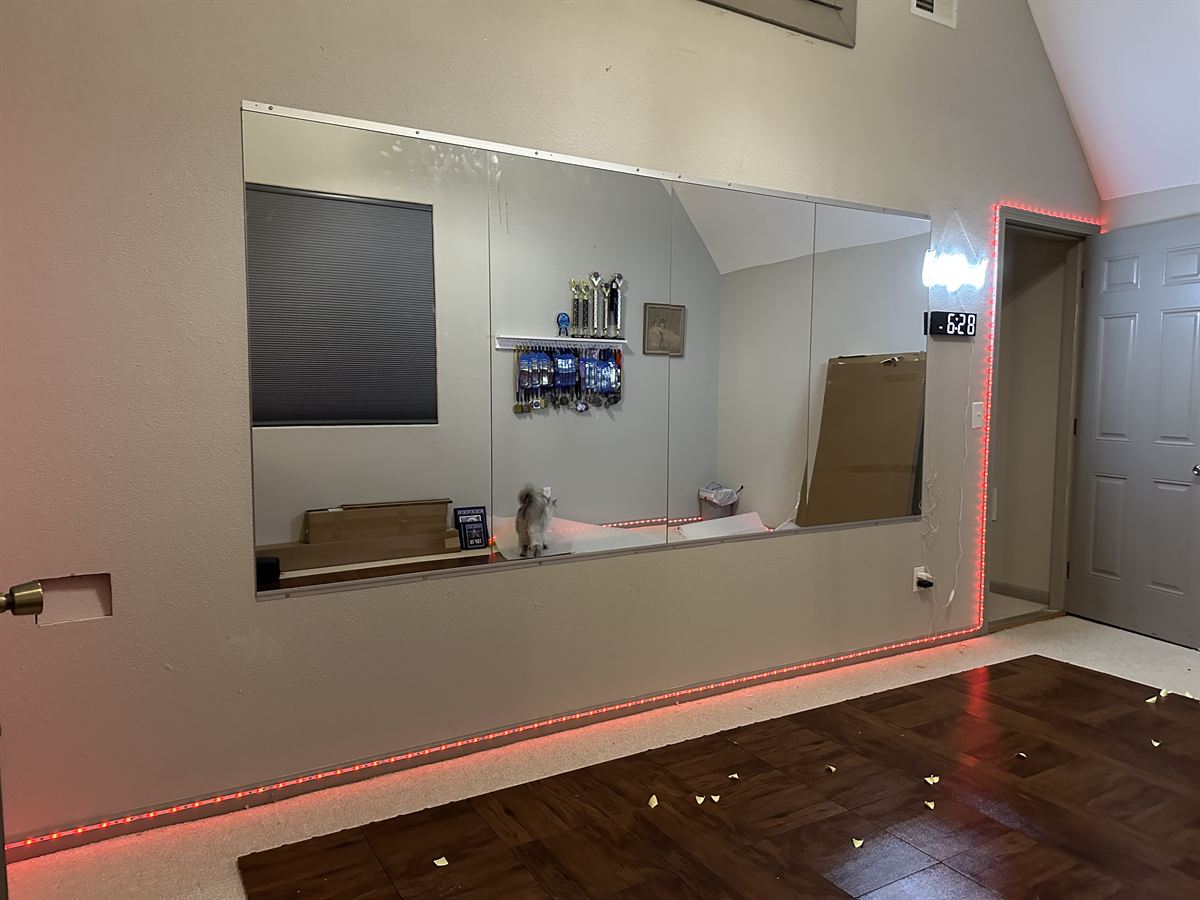 Home dance studio with a wall of mirrors, LED perimeter lighting and new parquet flooring going down