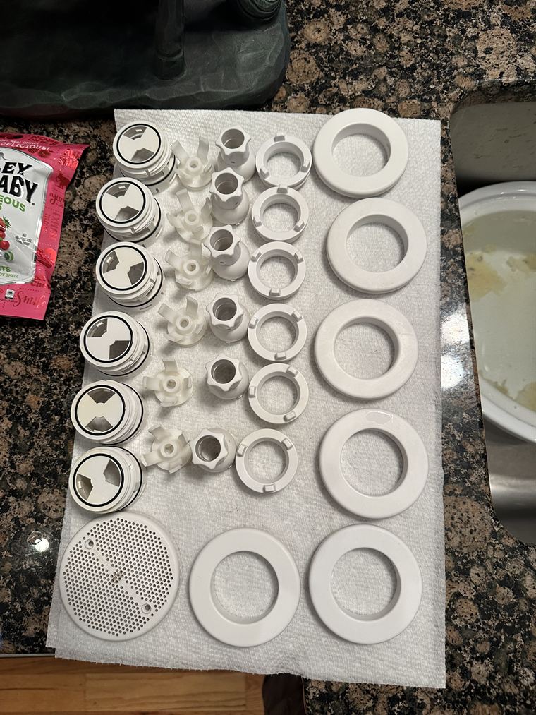 The same jets cleaned, rebuilt and laid out ready to go back in